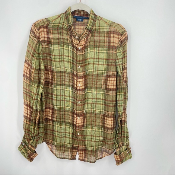 Ralph Lauren 100% Linen plaid long sleeve roll cuff button up shirt top Sz 8 - Picture 1 of 8